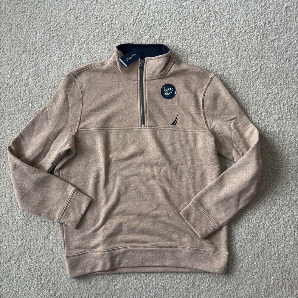 Nautica Tan Zip Up Sweater with Navy Accents